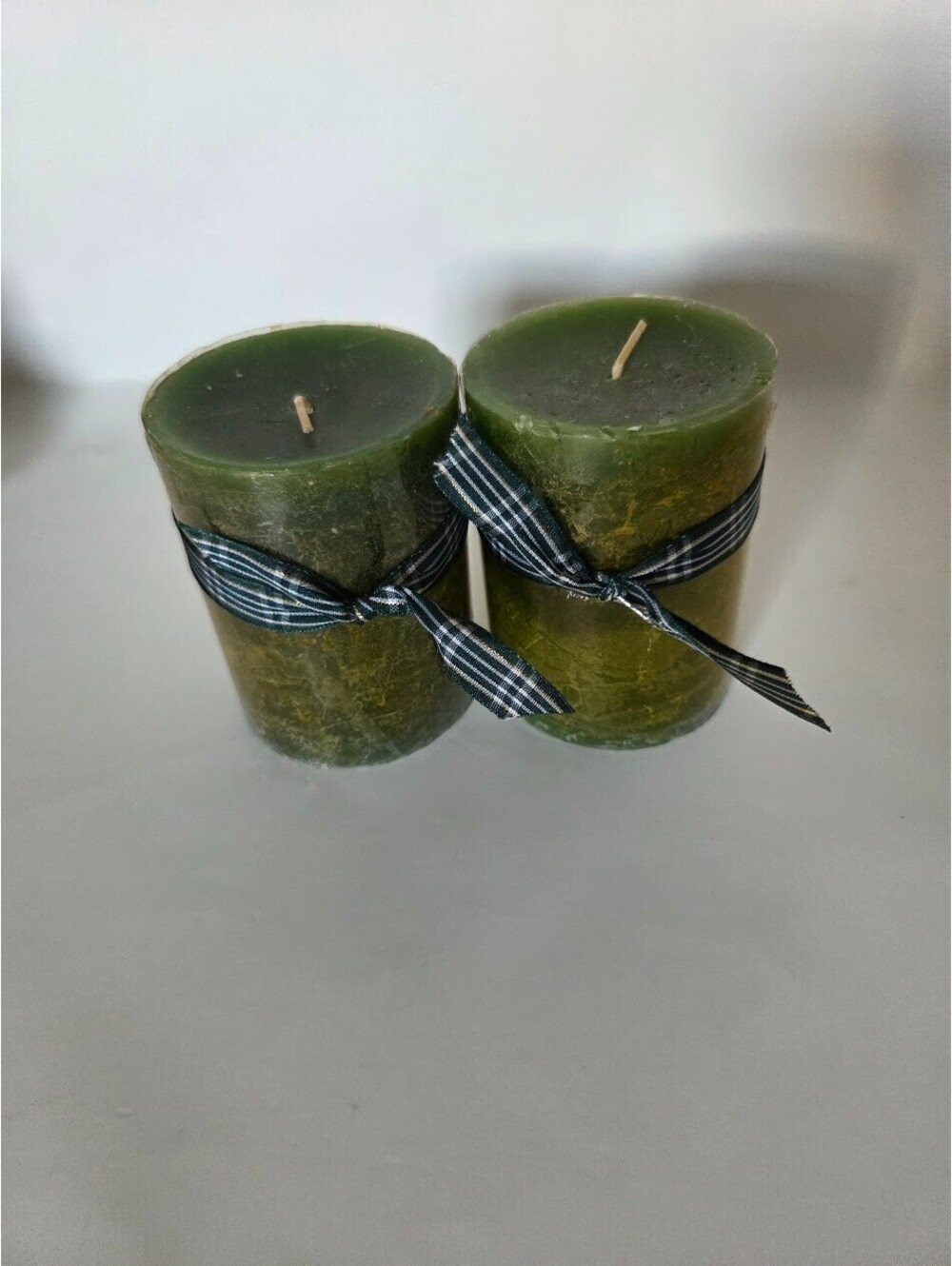 Pier 1 Holiday Forest Scented Candles Set of 2 Green Pillars with Plaid Ribbon